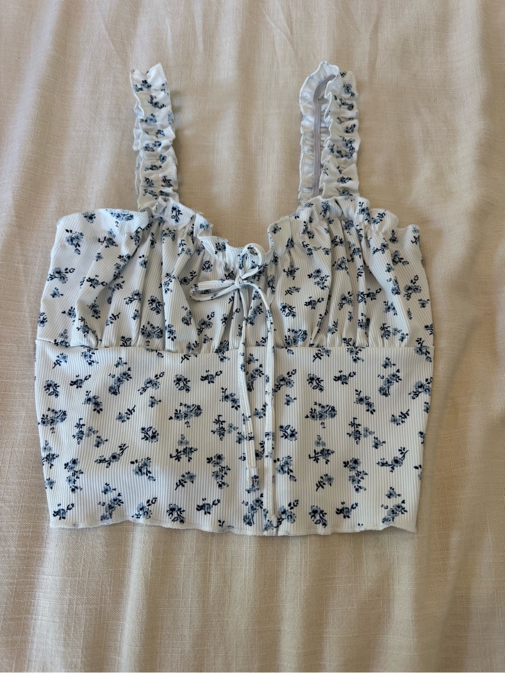 Floral Ruffled Tie-Front Crop Top - White & Navy